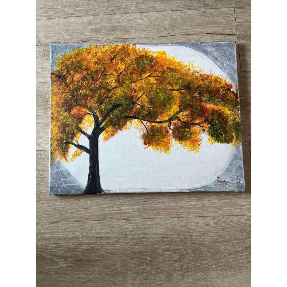 Acrylic Canvas Painting Lonely‎ Autumn Yellow Green White H x 16 , W x 20 Inches